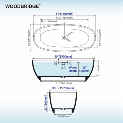WOODBRIDGE 59" B0055 | Stone Resin Freestanding Soaking Bathtub | Matte White Solid Surface Oval Tub with Integrated Slotted Overflow & Drain