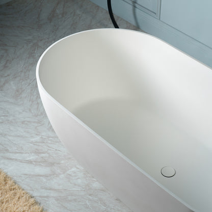 WOODBRIDGE 67" EST-0667-MW | Stone Resin Freestanding Soaking Bathtub | Matte White Solid Surface Oval Tub with Integrated Slotted Overflow & Drain