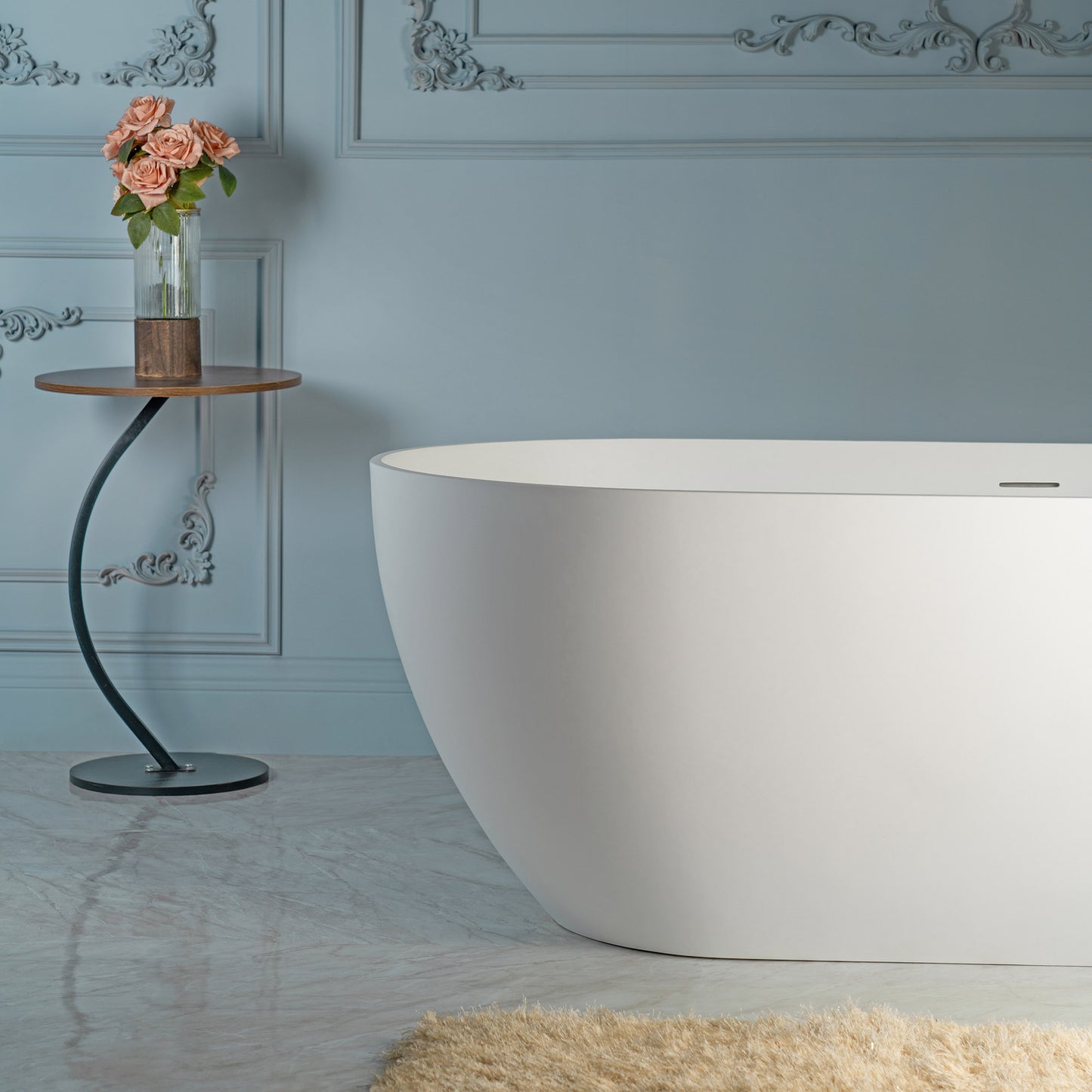 WOODBRIDGE 67" EST-0667-MW | Stone Resin Freestanding Soaking Bathtub | Matte White Solid Surface Oval Tub with Integrated Slotted Overflow & Drain