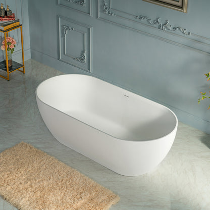 WOODBRIDGE 67" EST-0667-MW | Stone Resin Freestanding Soaking Bathtub | Matte White Solid Surface Oval Tub with Integrated Slotted Overflow & Drain