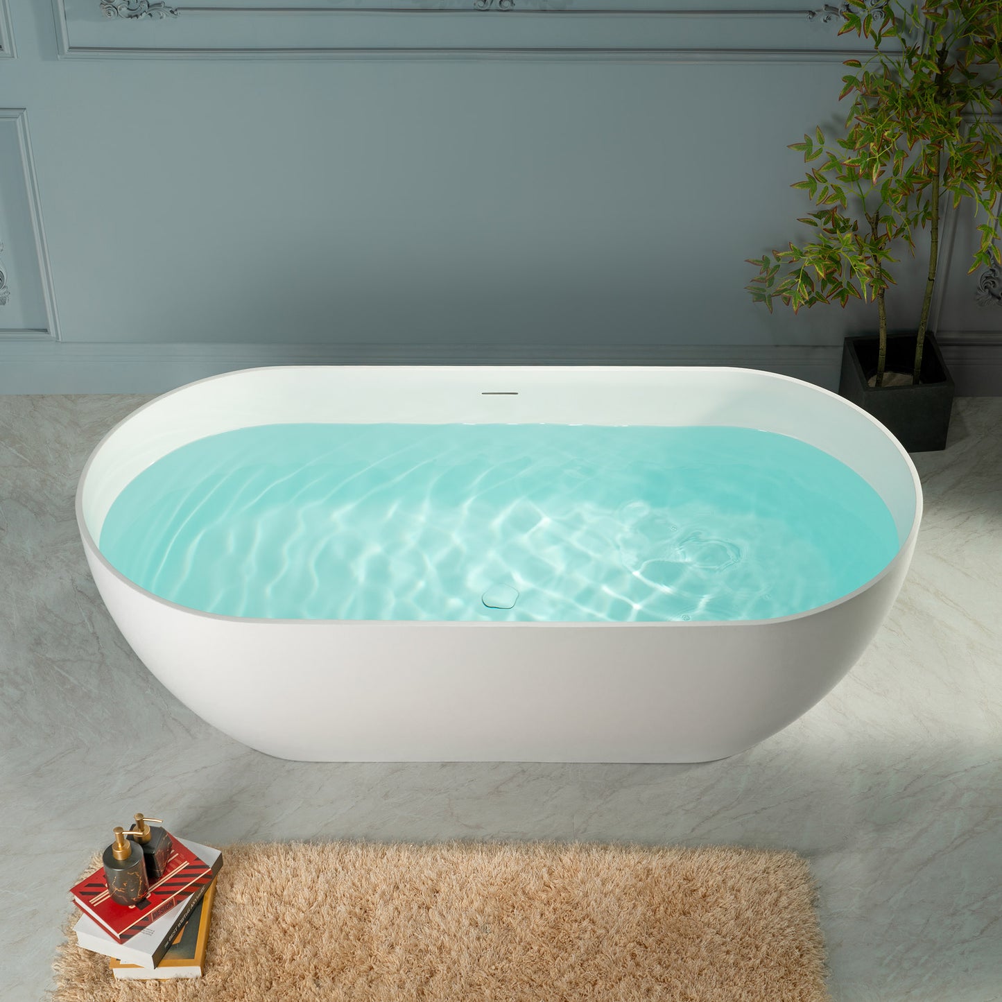 WOODBRIDGE 67" EST-0667-MW | Stone Resin Freestanding Soaking Bathtub | Matte White Solid Surface Oval Tub with Integrated Slotted Overflow & Drain