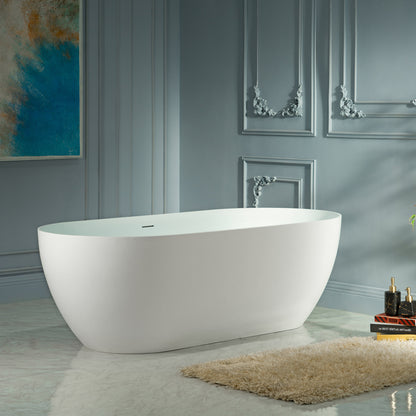 WOODBRIDGE 67" EST-0667-MW | Stone Resin Freestanding Soaking Bathtub | Matte White Solid Surface Oval Tub with Integrated Slotted Overflow & Drain
