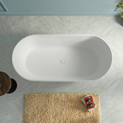 WOODBRIDGE 67" EST-0667-MW | Stone Resin Freestanding Soaking Bathtub | Matte White Solid Surface Oval Tub with Integrated Slotted Overflow & Drain