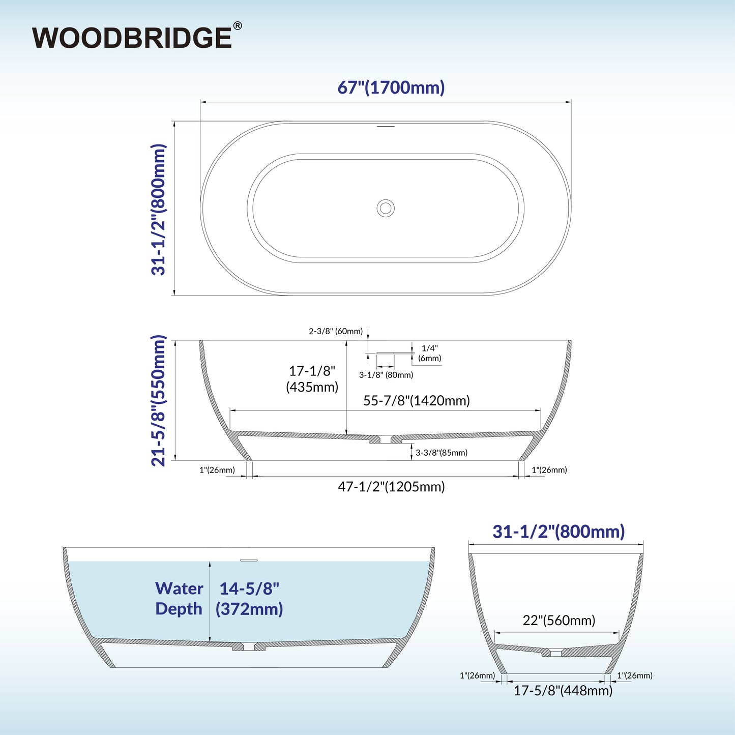 WOODBRIDGE 67" EST-0667-MW | Stone Resin Freestanding Soaking Bathtub | Matte White Solid Surface Oval Tub with Integrated Slotted Overflow & Drain