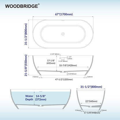 WOODBRIDGE 67" EST-0667-MW | Stone Resin Freestanding Soaking Bathtub | Matte White Solid Surface Oval Tub with Integrated Slotted Overflow & Drain
