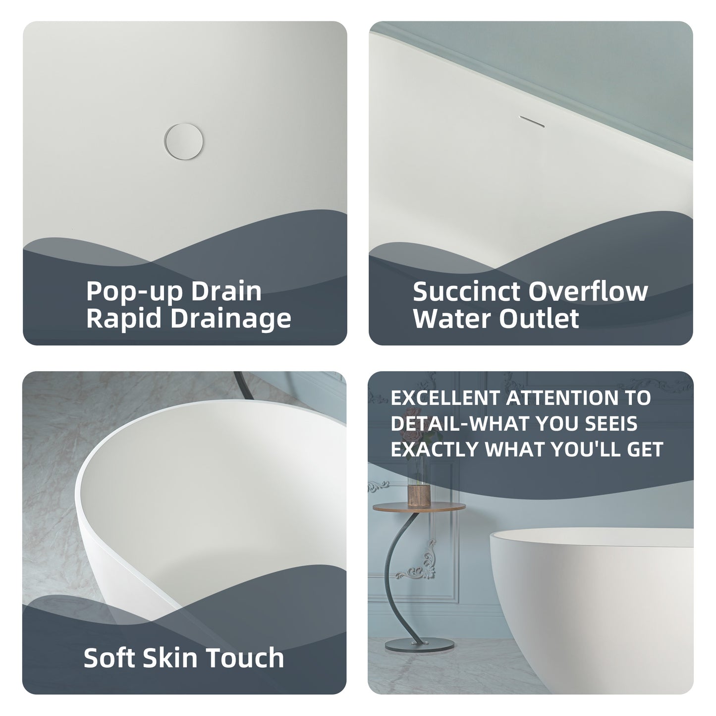 WOODBRIDGE 67" EST-0667-MW | Stone Resin Freestanding Soaking Bathtub | Matte White Solid Surface Oval Tub with Integrated Slotted Overflow & Drain