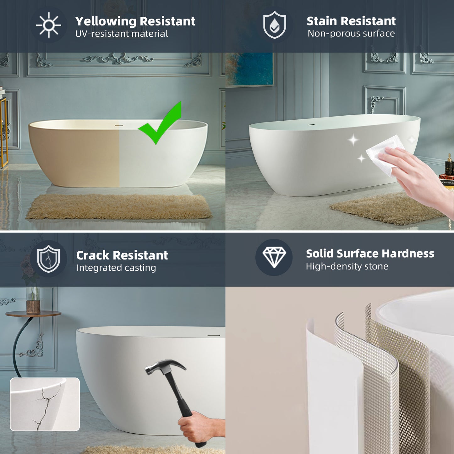 WOODBRIDGE 67" EST-0667-MW | Stone Resin Freestanding Soaking Bathtub | Matte White Solid Surface Oval Tub with Integrated Slotted Overflow & Drain