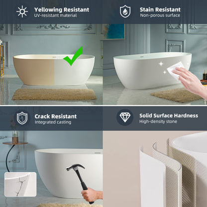 WOODBRIDGE 67" EST-0667-MW | Stone Resin Freestanding Soaking Bathtub | Matte White Solid Surface Oval Tub with Integrated Slotted Overflow & Drain