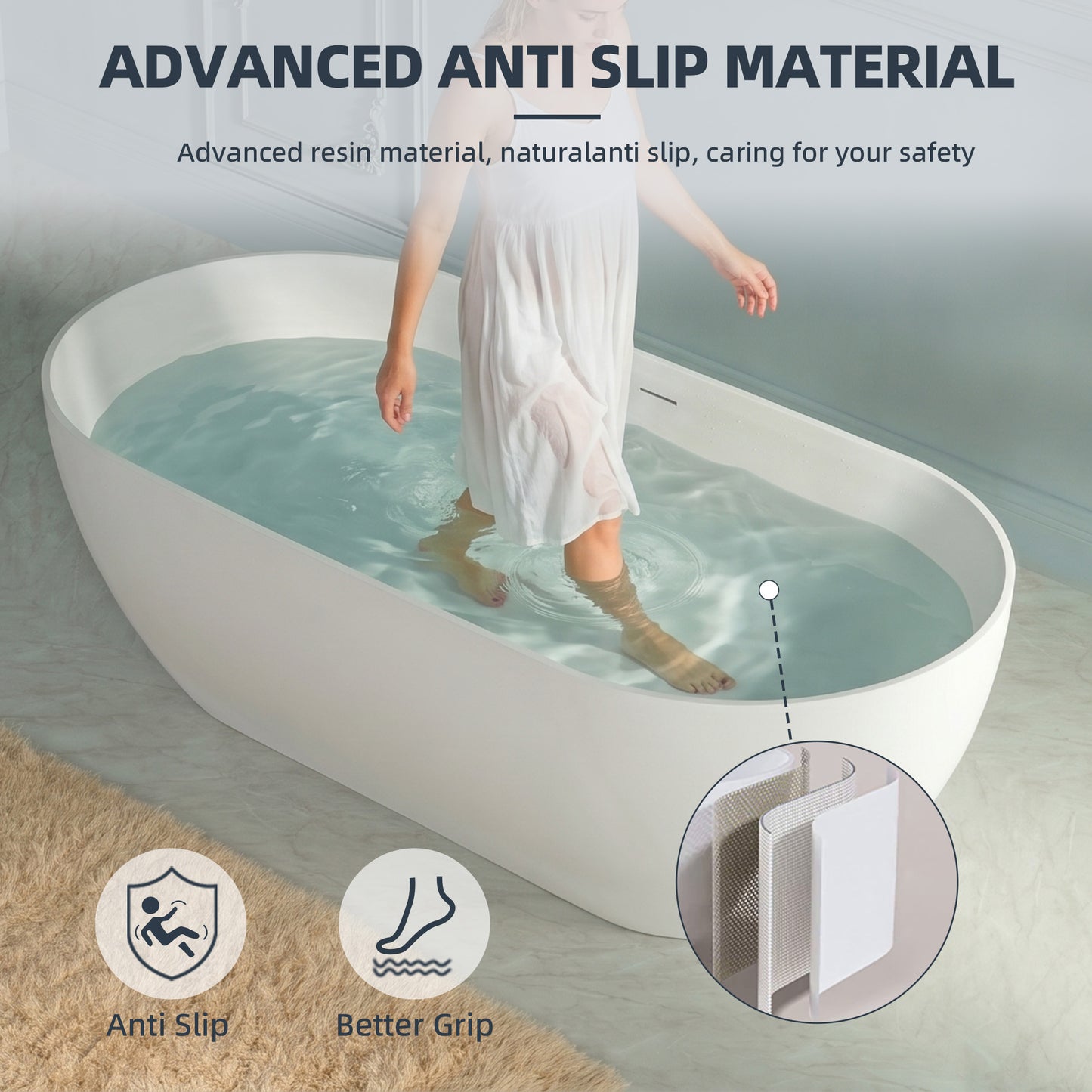 WOODBRIDGE 71" EST-0671-MW | Stone Resin Freestanding Soaking Bathtub | Matte White Modern Oval Solid Surface Tub with Integrated Slotted Overflow & Drain