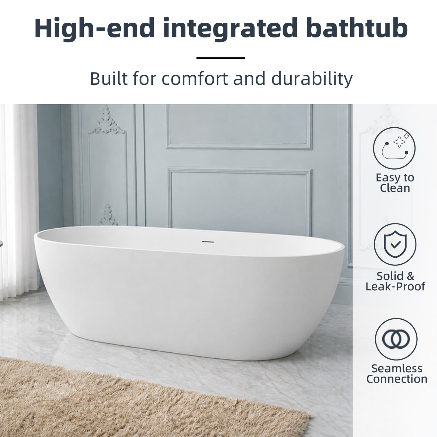 WOODBRIDGE 71" EST-0671-MW | Stone Resin Freestanding Soaking Bathtub | Matte White Modern Oval Solid Surface Tub with Integrated Slotted Overflow & Drain