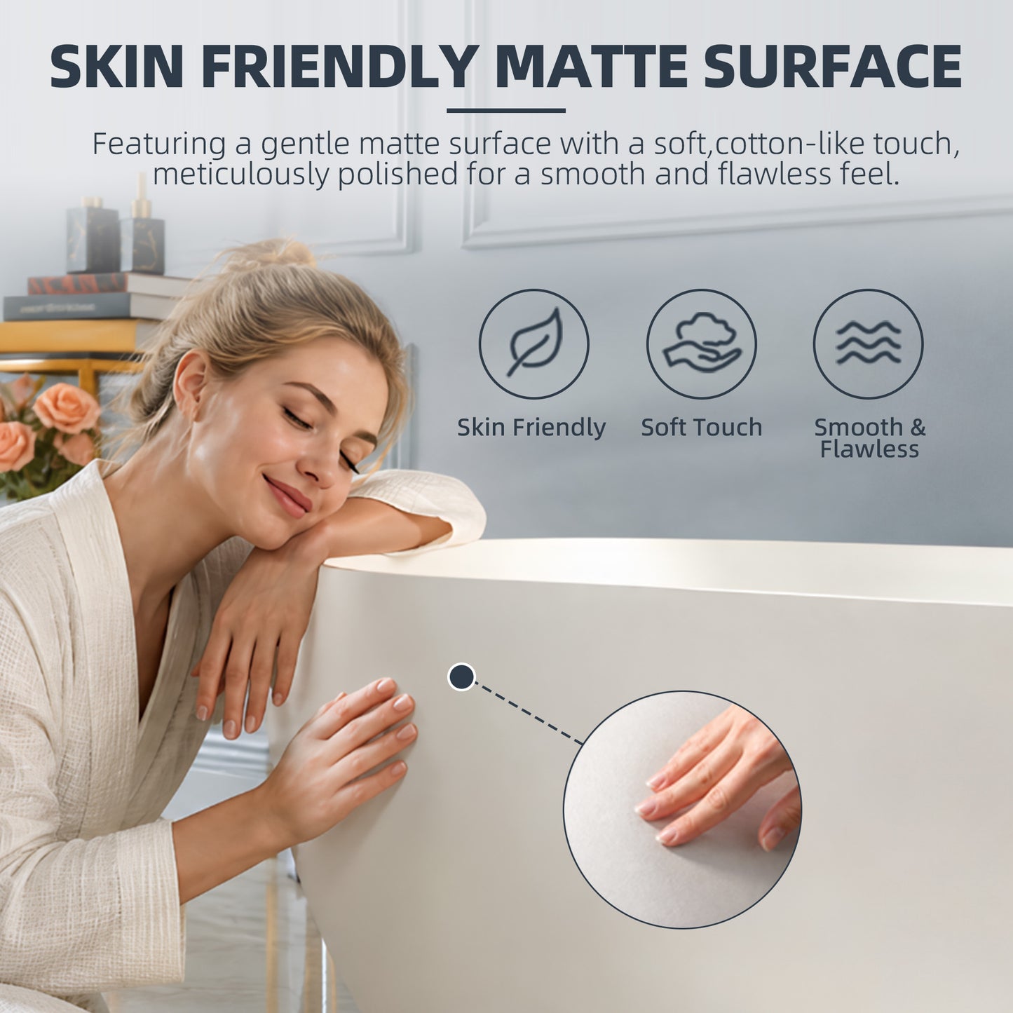 WOODBRIDGE 71" EST-0671-MW | Stone Resin Freestanding Soaking Bathtub | Matte White Modern Oval Solid Surface Tub with Integrated Slotted Overflow & Drain