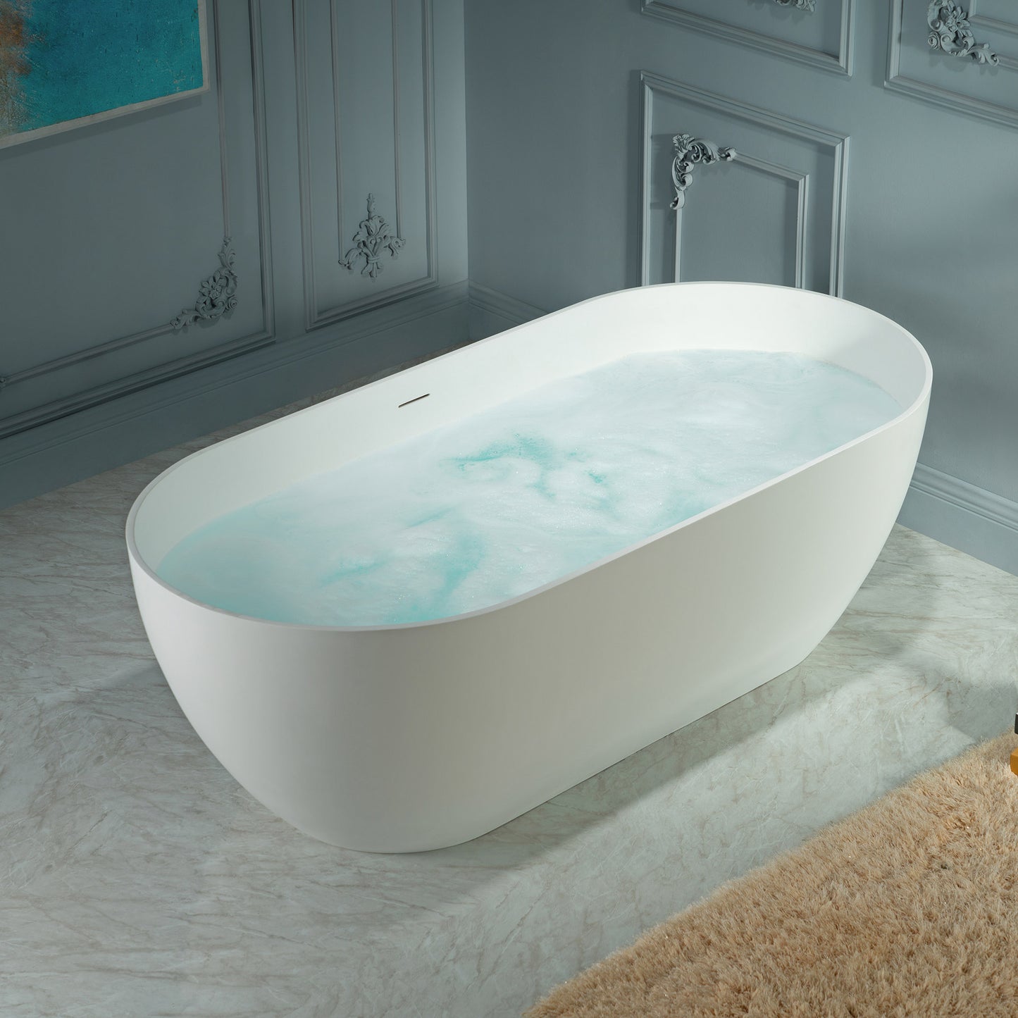 WOODBRIDGE 71" EST-0671-MW | Stone Resin Freestanding Soaking Bathtub | Matte White Modern Oval Solid Surface Tub with Integrated Slotted Overflow & Drain