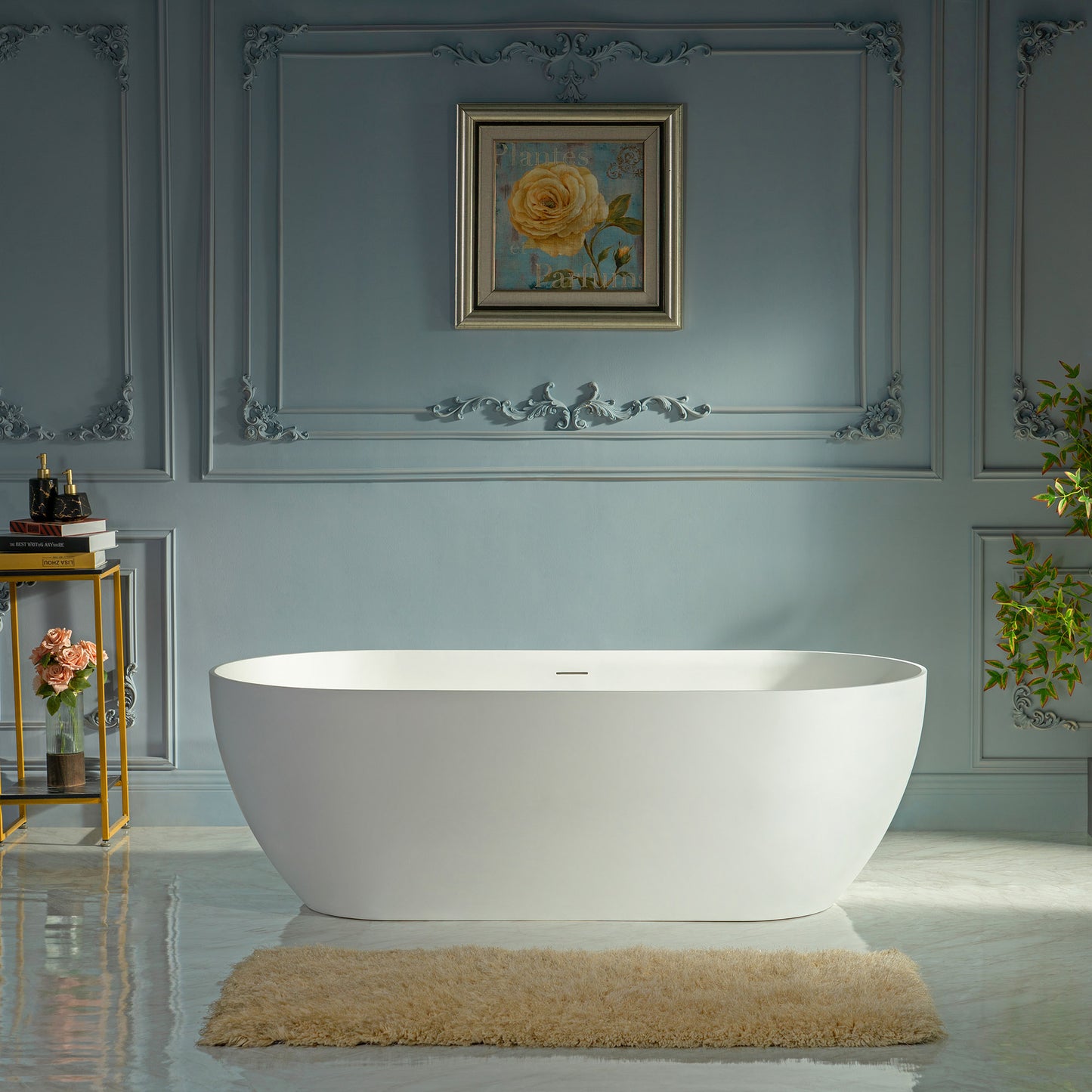 WOODBRIDGE 71" EST-0671-MW | Stone Resin Freestanding Soaking Bathtub | Matte White Modern Oval Solid Surface Tub with Integrated Slotted Overflow & Drain