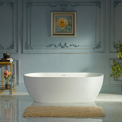 WOODBRIDGE 71" EST-0671-MW | Stone Resin Freestanding Soaking Bathtub | Matte White Modern Oval Solid Surface Tub with Integrated Slotted Overflow & Drain