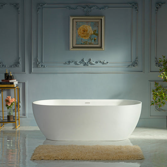 WOODBRIDGE 71" EST-0671-MW | Stone Resin Freestanding Soaking Bathtub | Matte White Modern Oval Solid Surface Tub with Integrated Slotted Overflow & Drain