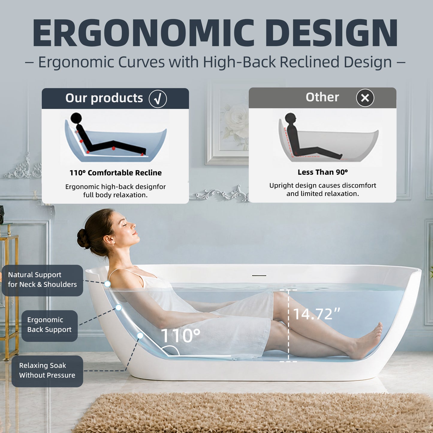 WOODBRIDGE 71" EST-0671-MW | Stone Resin Freestanding Soaking Bathtub | Matte White Modern Oval Solid Surface Tub with Integrated Slotted Overflow & Drain