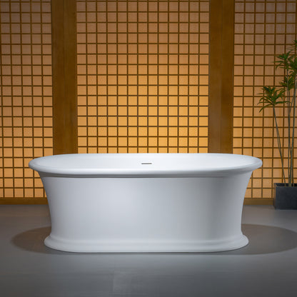 WOODBRIDGE 67" EST0637 | Stone Resin Freestanding Soaking Bathtub | Matte White Soft Oval Solid Surface Tub with Elegant Pedestal Base, Integrated Slotted Overflow & Drain