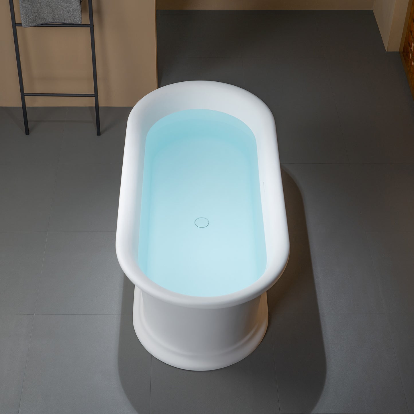WOODBRIDGE 67" EST0637 | Stone Resin Freestanding Soaking Bathtub | Matte White Soft Oval Solid Surface Tub with Elegant Pedestal Base, Integrated Slotted Overflow & Drain