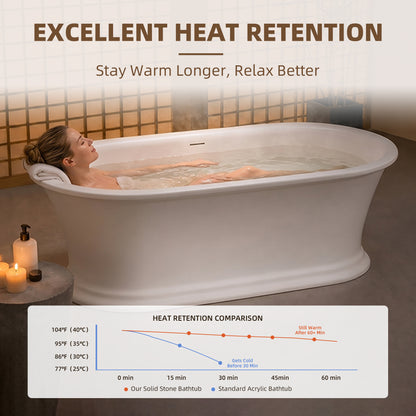 WOODBRIDGE 67" EST0637 | Stone Resin Freestanding Soaking Bathtub | Matte White Soft Oval Solid Surface Tub with Elegant Pedestal Base, Integrated Slotted Overflow & Drain
