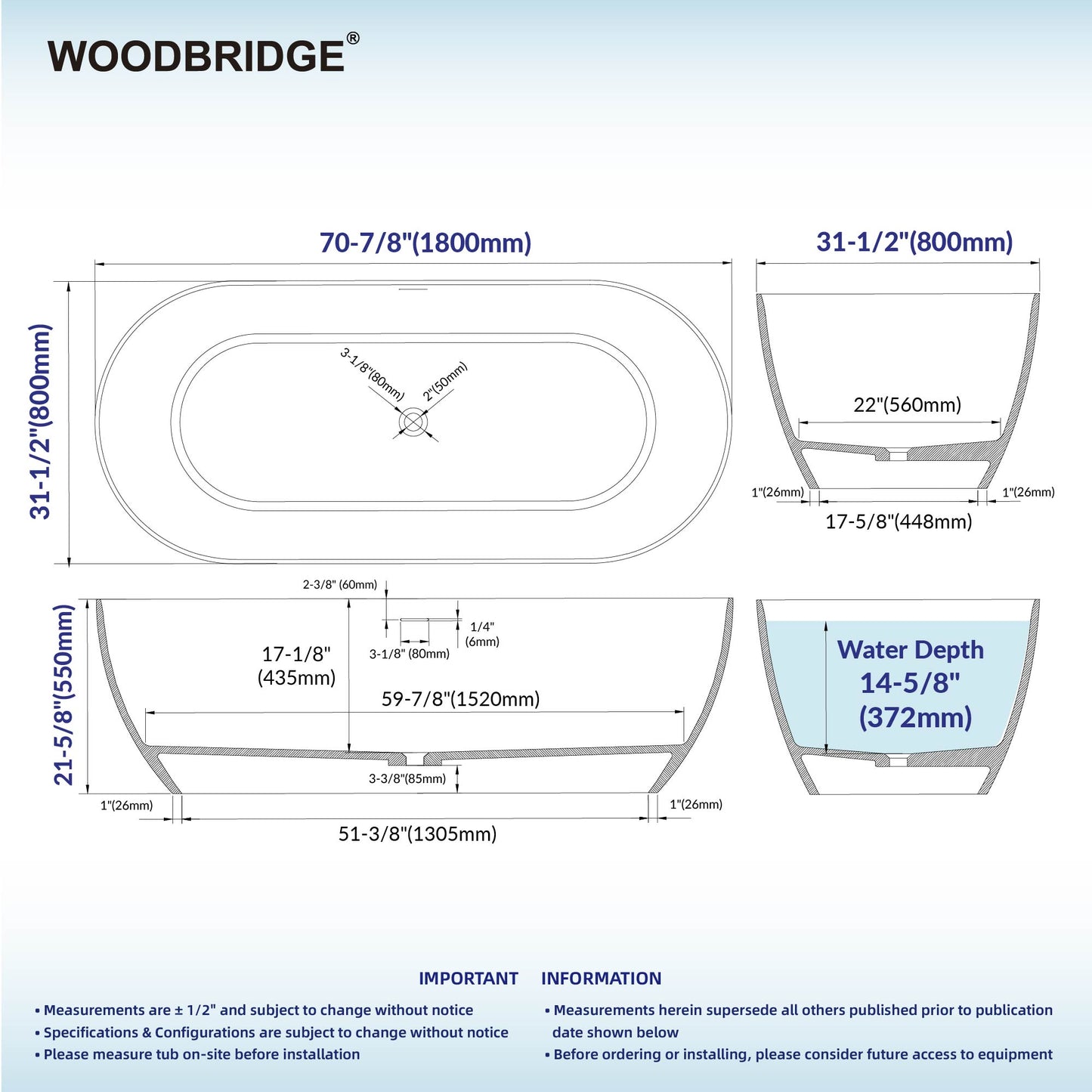 WOODBRIDGE 71" EST-0671-MW | Stone Resin Freestanding Soaking Bathtub | Matte White Modern Oval Solid Surface Tub with Integrated Slotted Overflow & Drain
