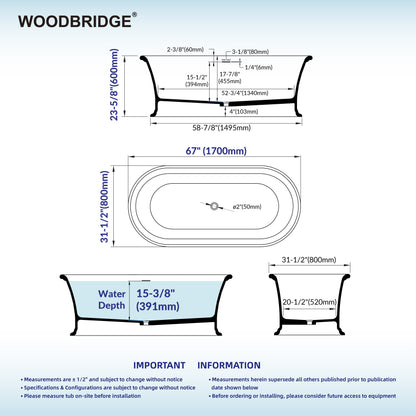 WOODBRIDGE 67" EST0637 | Stone Resin Freestanding Soaking Bathtub | Matte White Soft Oval Solid Surface Tub with Elegant Pedestal Base, Integrated Slotted Overflow & Drain