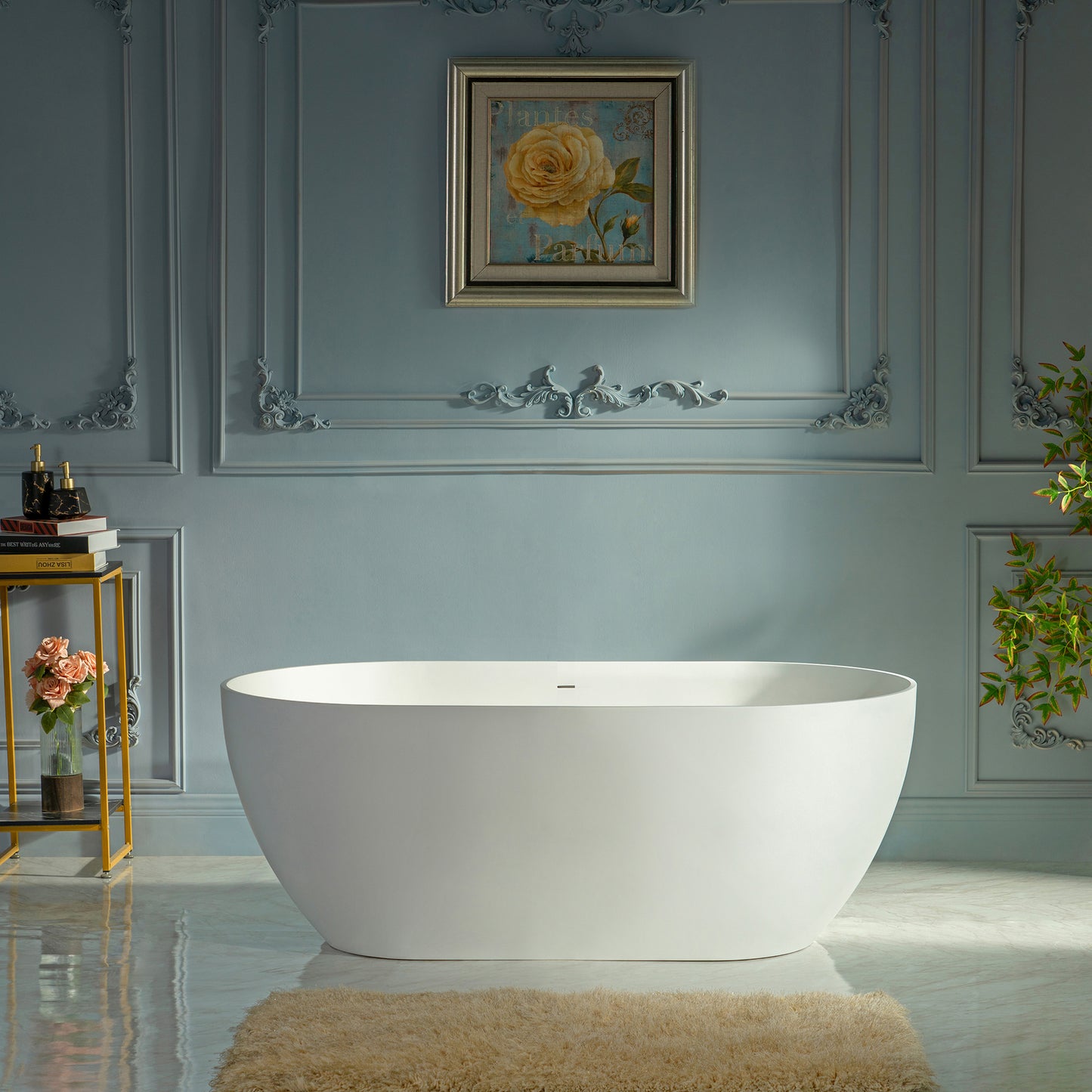 WOODBRIDGE 59" EST-0659-MW | Stone Resin Freestanding Soaking Bathtub | Matte White Modern Oval Solid Surface Tub with Integrated Slotted Overflow & Drain