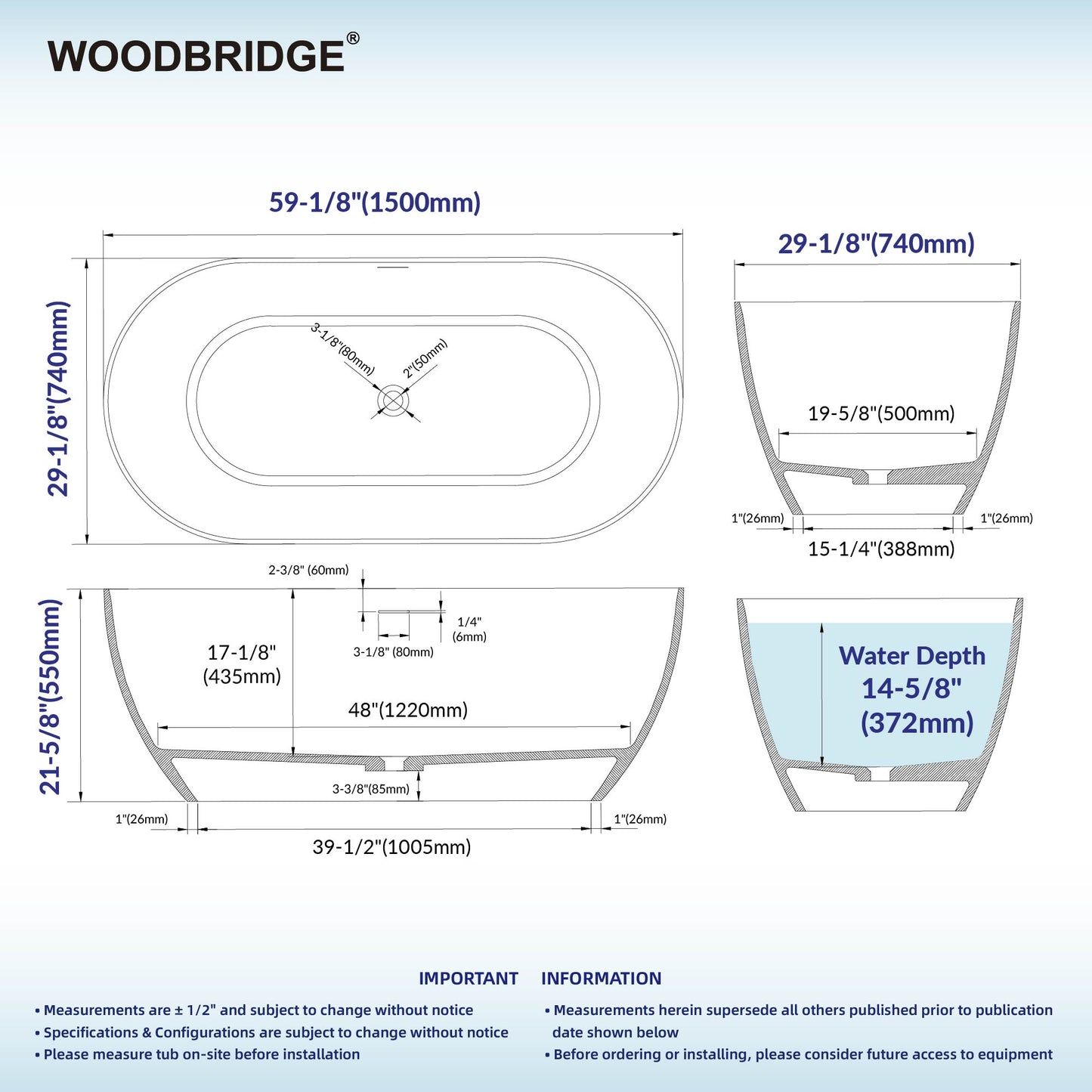 WOODBRIDGE 59" EST-0659-MW | Stone Resin Freestanding Soaking Bathtub | Matte White Modern Oval Solid Surface Tub with Integrated Slotted Overflow & Drain