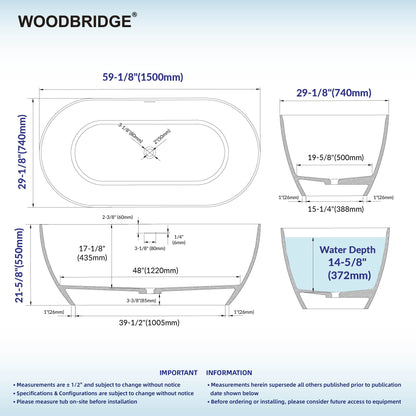 WOODBRIDGE 59" EST-0659-MW | Stone Resin Freestanding Soaking Bathtub | Matte White Modern Oval Solid Surface Tub with Integrated Slotted Overflow & Drain