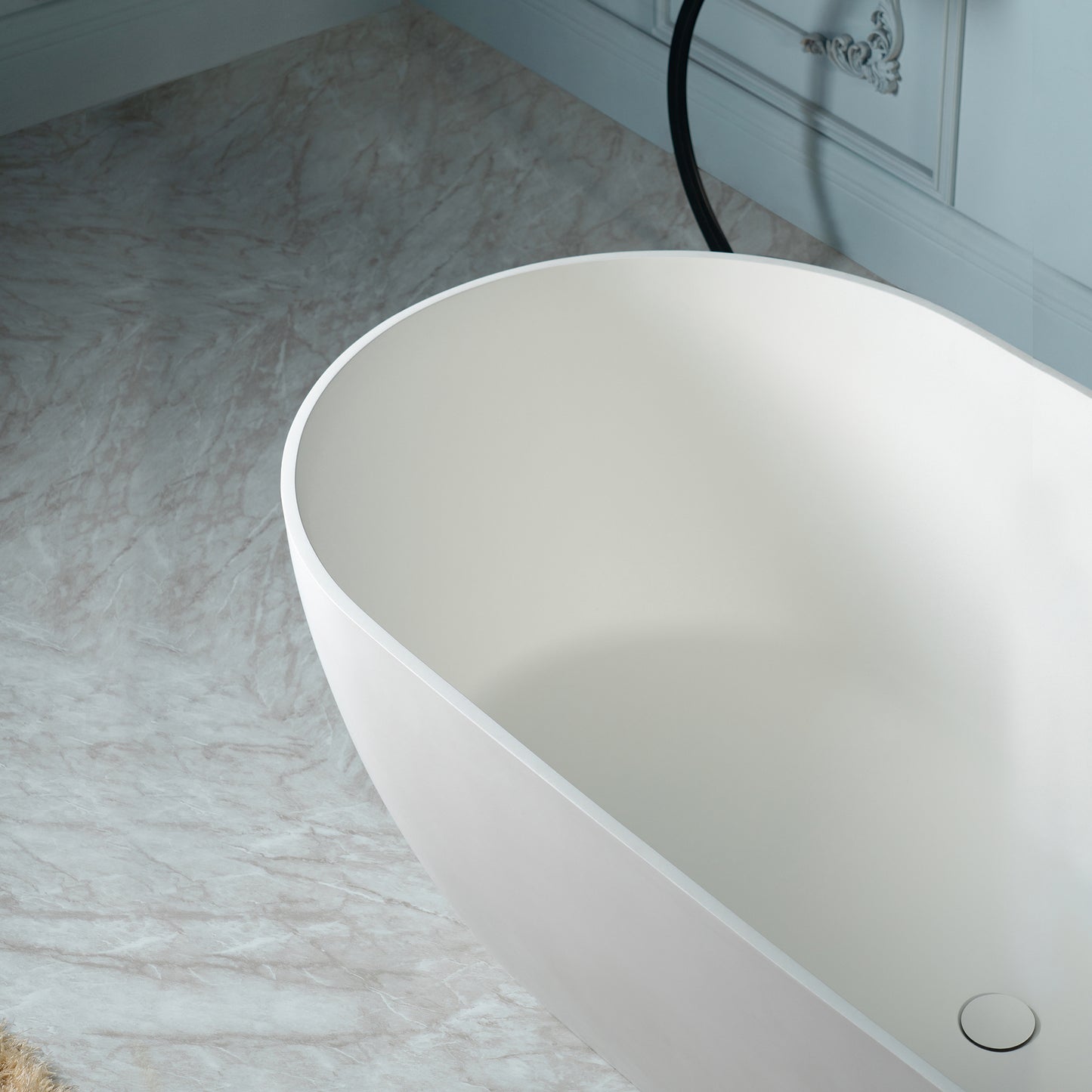 WOODBRIDGE 59" EST-0659-MW | Stone Resin Freestanding Soaking Bathtub | Matte White Modern Oval Solid Surface Tub with Integrated Slotted Overflow & Drain