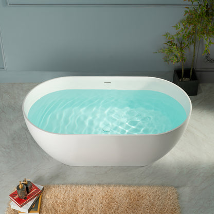 WOODBRIDGE 59" EST-0659-MW | Stone Resin Freestanding Soaking Bathtub | Matte White Modern Oval Solid Surface Tub with Integrated Slotted Overflow & Drain