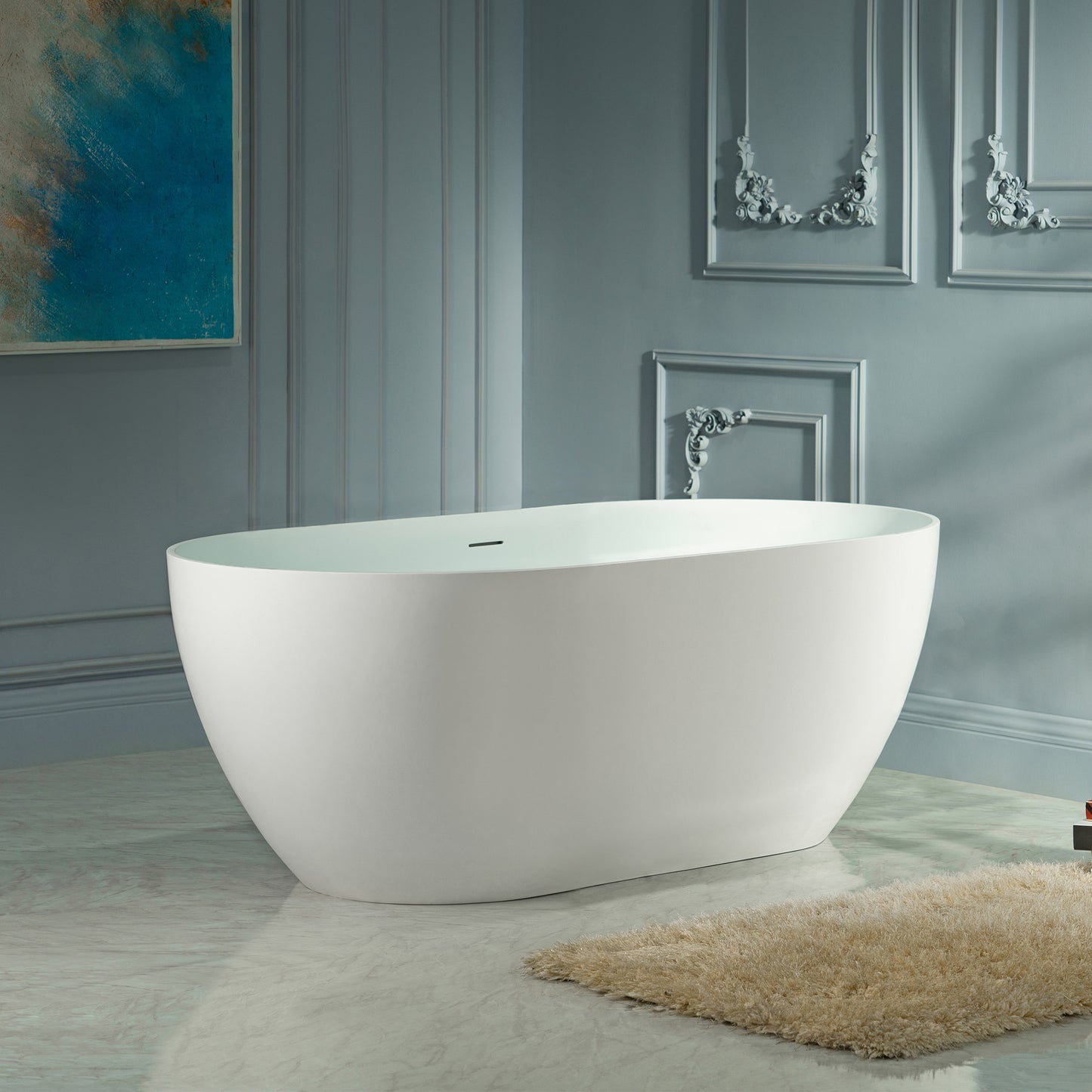 WOODBRIDGE 59" EST-0659-MW | Stone Resin Freestanding Soaking Bathtub | Matte White Modern Oval Solid Surface Tub with Integrated Slotted Overflow & Drain
