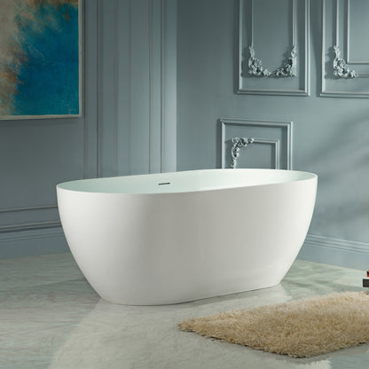 WOODBRIDGE 59" EST-0659-MW | Stone Resin Freestanding Soaking Bathtub | Matte White Modern Oval Solid Surface Tub with Integrated Slotted Overflow & Drain