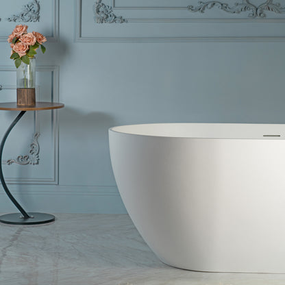 WOODBRIDGE 59" EST-0659-MW | Stone Resin Freestanding Soaking Bathtub | Matte White Modern Oval Solid Surface Tub with Integrated Slotted Overflow & Drain