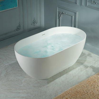 WOODBRIDGE 59" EST-0659-MW | Stone Resin Freestanding Soaking Bathtub | Matte White Modern Oval Solid Surface Tub with Integrated Slotted Overflow & Drain