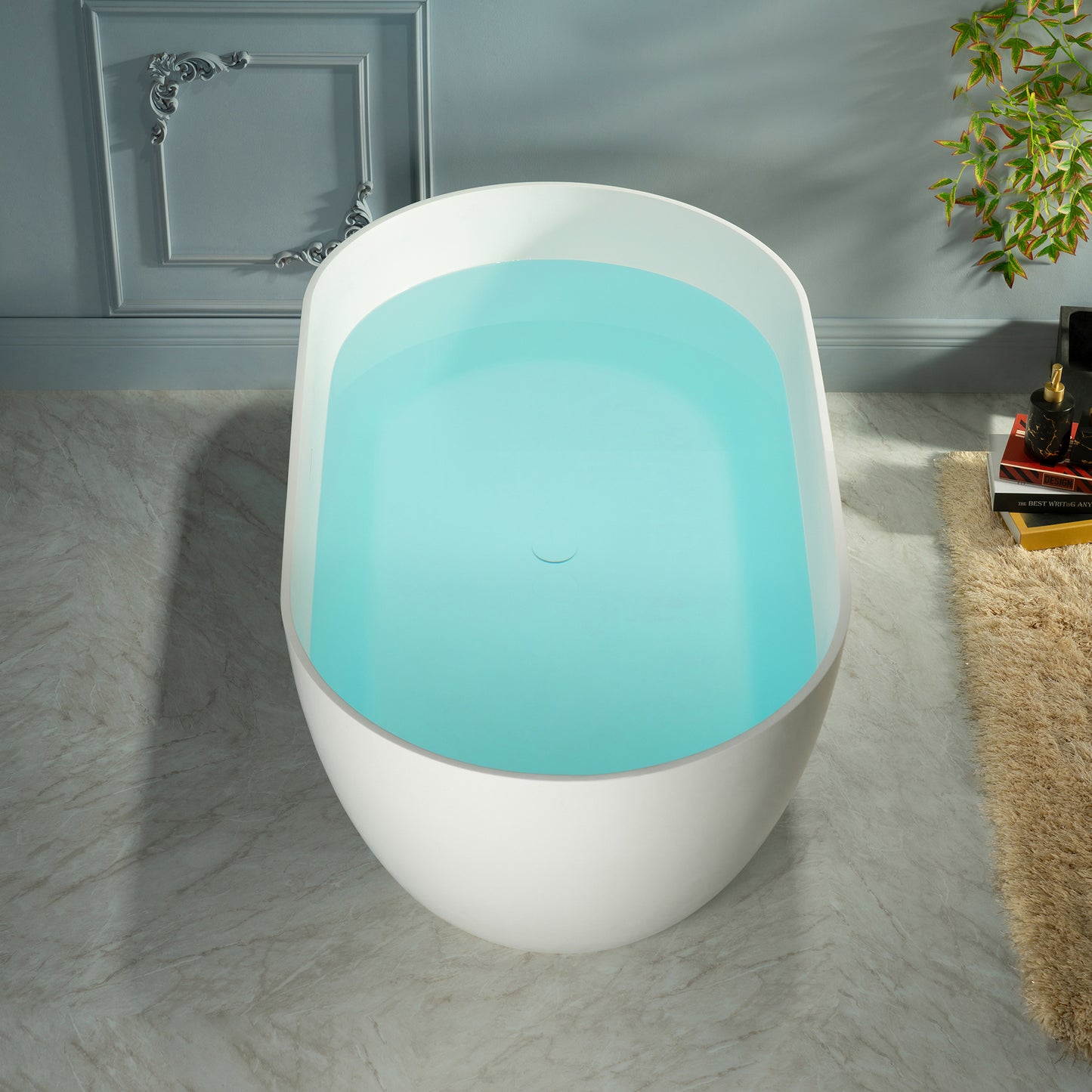 WOODBRIDGE 59" EST-0659-MW | Stone Resin Freestanding Soaking Bathtub | Matte White Modern Oval Solid Surface Tub with Integrated Slotted Overflow & Drain