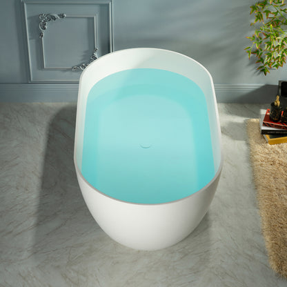 WOODBRIDGE 59" EST-0659-MW | Stone Resin Freestanding Soaking Bathtub | Matte White Modern Oval Solid Surface Tub with Integrated Slotted Overflow & Drain