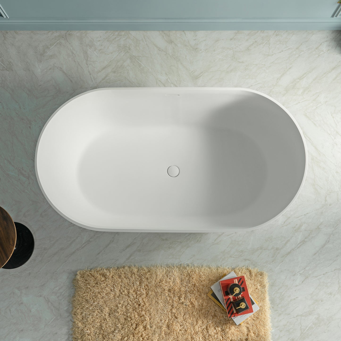 WOODBRIDGE 59" EST-0659-MW | Stone Resin Freestanding Soaking Bathtub | Matte White Modern Oval Solid Surface Tub with Integrated Slotted Overflow & Drain
