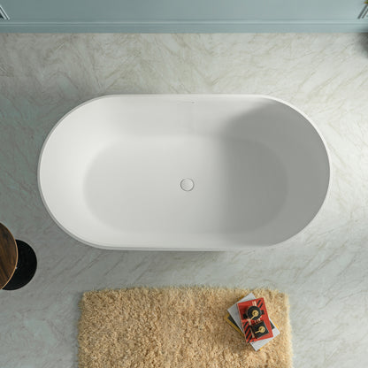 WOODBRIDGE 59" EST-0659-MW | Stone Resin Freestanding Soaking Bathtub | Matte White Modern Oval Solid Surface Tub with Integrated Slotted Overflow & Drain