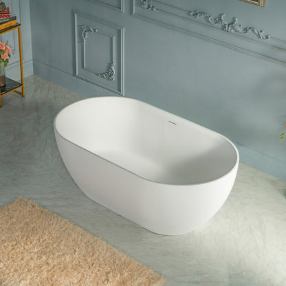 WOODBRIDGE 59" EST-0659-MW | Stone Resin Freestanding Soaking Bathtub | Matte White Modern Oval Solid Surface Tub with Integrated Slotted Overflow & Drain