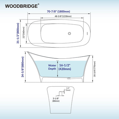 WOODBRIDGE 71" MST0806 | Luxury Contemporary Solid Surface Stone Resin Freestanding Bathtub | Matte White Modern Soaking Tub with Elegant Ergonomic Design