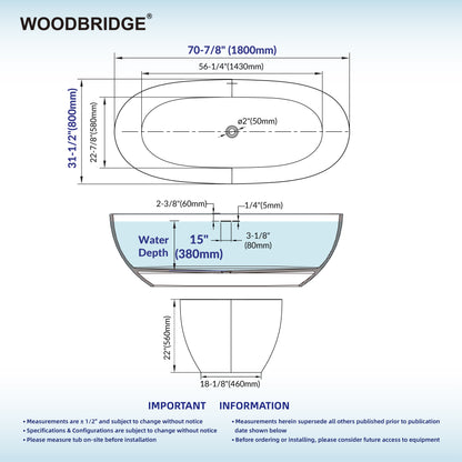 WOODBRIDGE 71" MST0805 | Luxury Contemporary Solid Surface Stone Resin Freestanding Bathtub | Matte White Modern Soaking Tub with Sleek Ergonomic Design