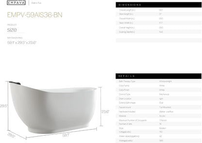 Empava EMPV-59AIS36-BN | 59" RIght Drain Single Slipper Whirlpool Tub in Brushed Nickel