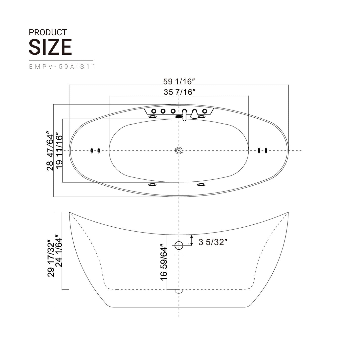 Empava 59" Freestanding Whirlpool Bathtub | 8 Hydro-Massage Jets | EMPV-59AIS11