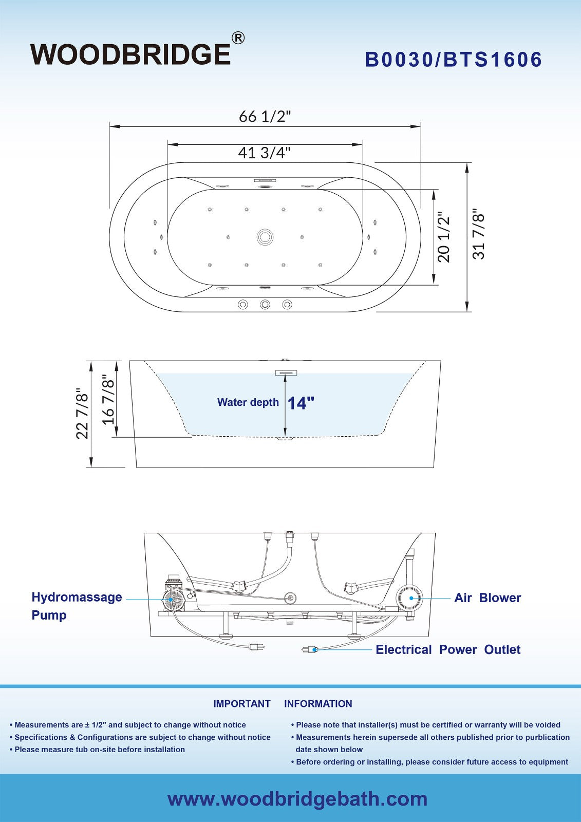 WOODBRIDGE B0030 67" x 32" Whirlpool Water Jetted + Air Bubble Freestanding Bathtub