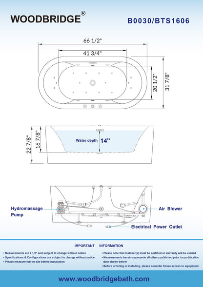 Woodbridge B0030 | 67" Dual Massage Freestanding Tub With Whirlpool & Air Bubble Jet