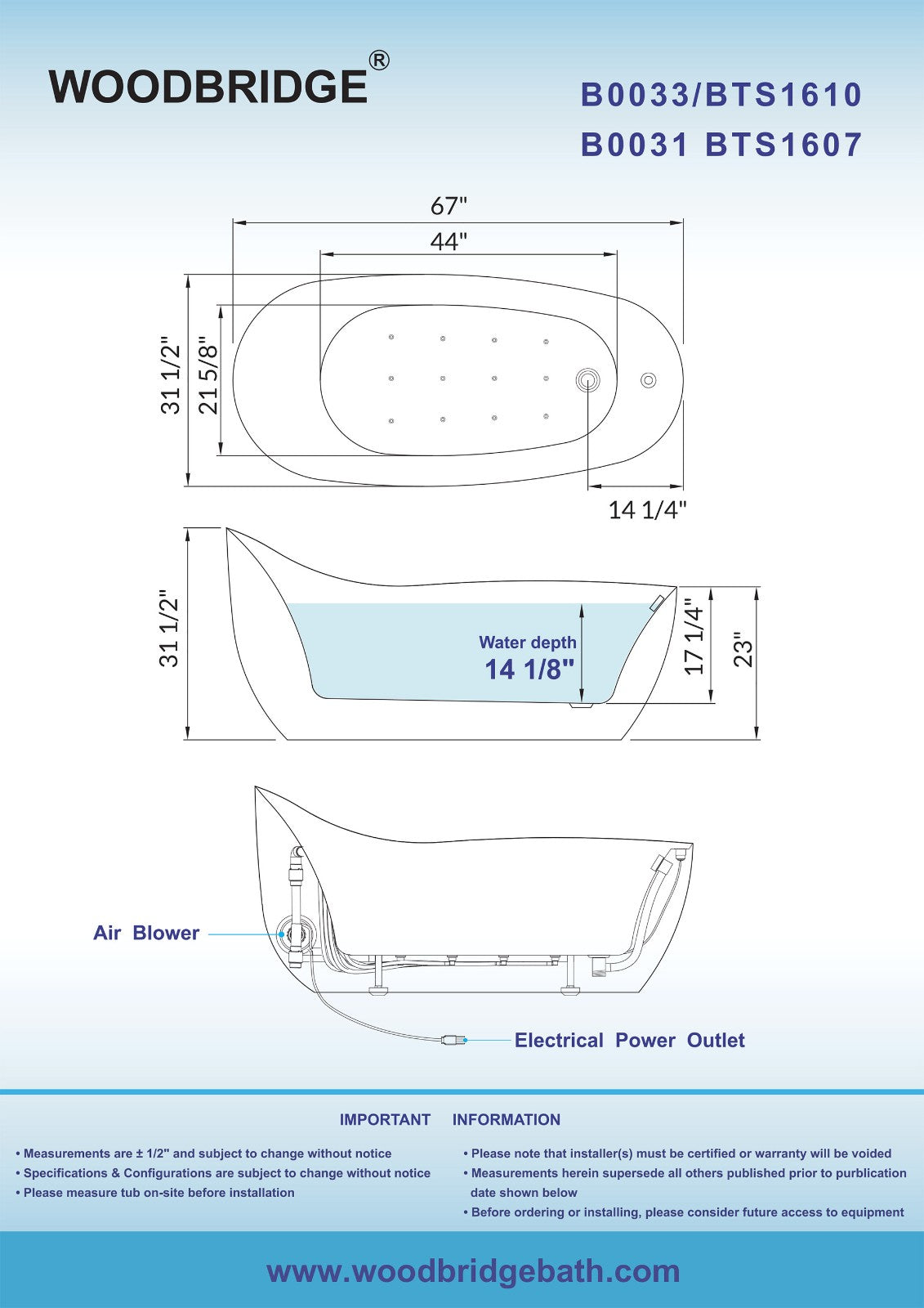 WOODBRIDGE B0033 67" Deluxe Air Bubble Free Standing Single-Slipper Bathtub