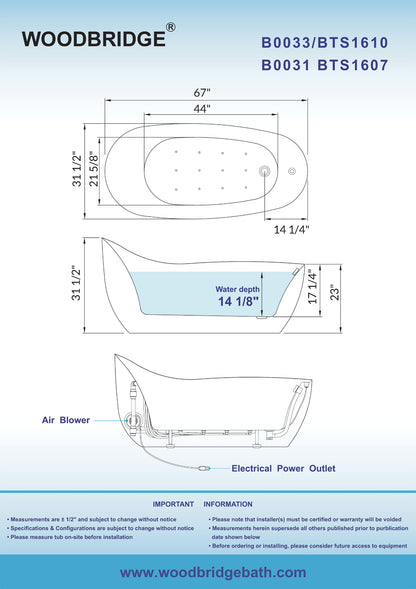 Woodbridge B0033 | 67" Air Bubble Single-Slipper Tub With Deluxe Freestanding Design