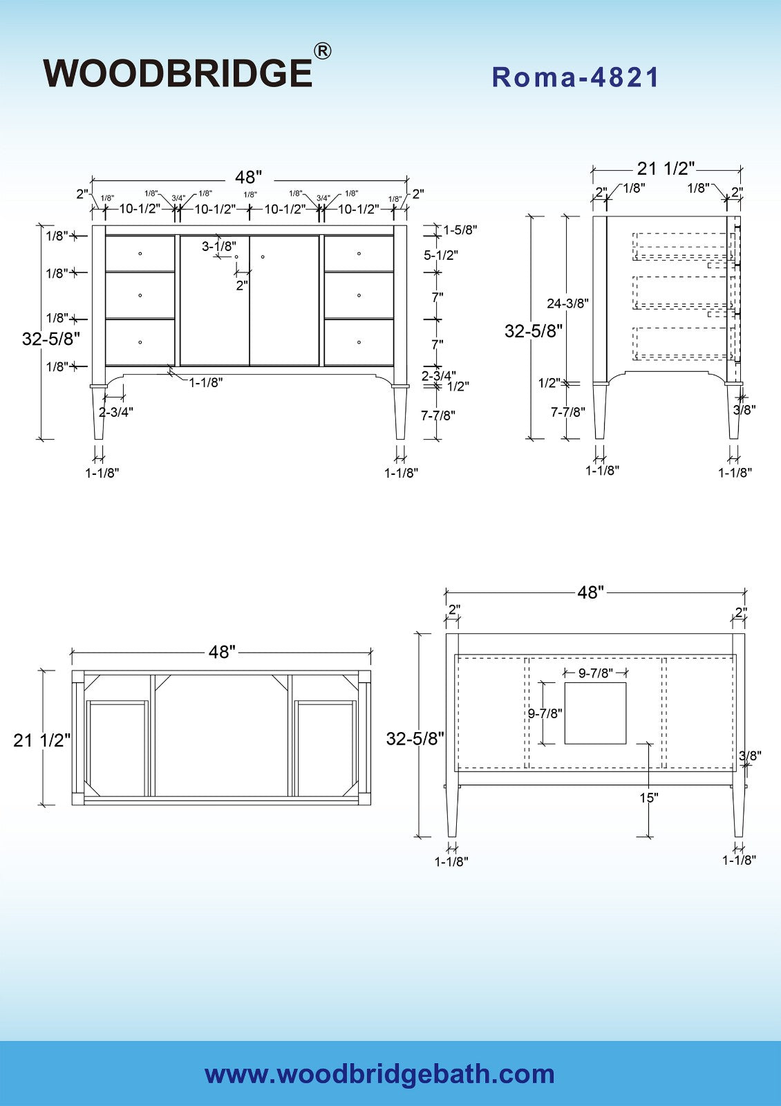 WOODBRIDGE 48" Roma-4821-White_CAVT4922-8 | Bathroom Vanity | with Carrara Marble Top, Undermount Sink, Solid Wood Cabinet, White Finish & Gold Hardware