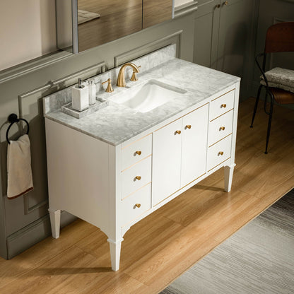 WOODBRIDGE 48" Roma-4821-White_CAVT4922-8 | Bathroom Vanity | with Carrara Marble Top, Undermount Sink, Solid Wood Cabinet, White Finish & Gold Hardware