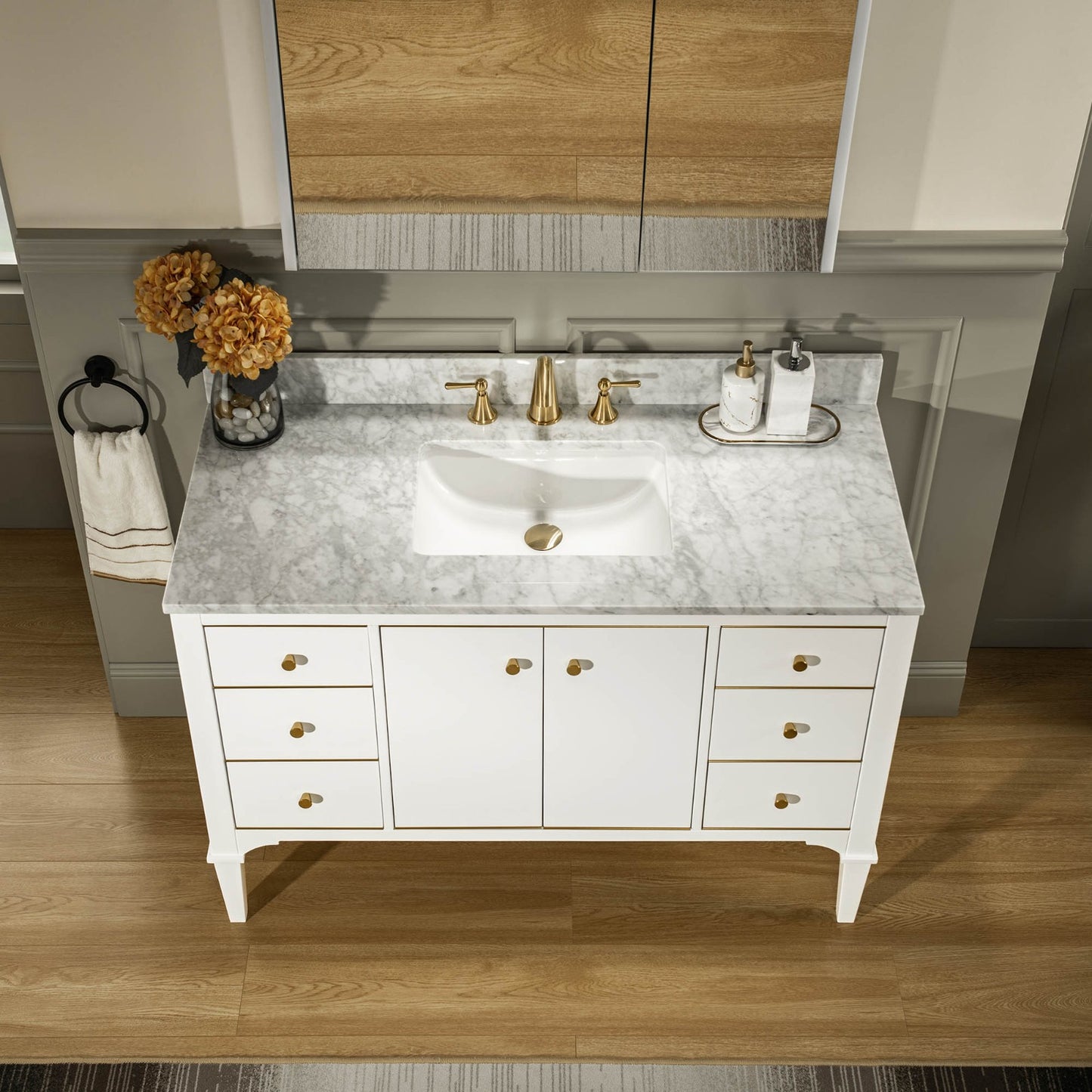 WOODBRIDGE 48" Roma-4821-White_CAVT4922-8 | Bathroom Vanity | with Carrara Marble Top, Undermount Sink, Solid Wood Cabinet, White Finish & Gold Hardware